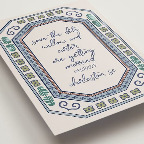 This is a neptune petite save the dates with standard by Kelly Watkins called vase printing on signature in petite