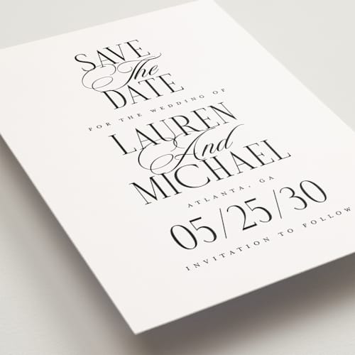 This is a obsidian petite save the dates with standard by Jennifer Postorino called stacked type printing on signature in petite