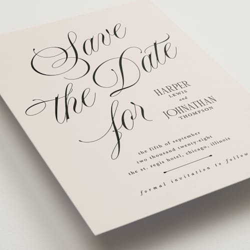 This is a linen petite save the dates with standard by Kate Ahn called mirin printing on signature in petite