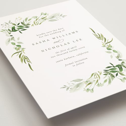 This is a garden petite save the dates with standard by Leah Bisch called verdure printing on signature in petite