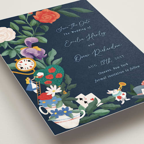 This is a evening petite save the dates with standard by Elly called a garden tea party printing on signature in petite