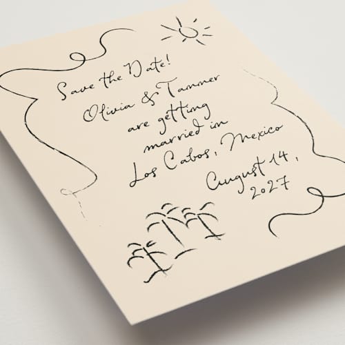 This is a sand petite save the dates with standard by Ashley Iwafuchi called sunny love printing on signature in petite
