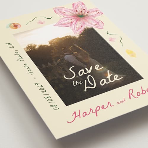 This is a blush save the date postcards with standard by Emily Miranda called romantic tropical wedding printing on signature in postcard