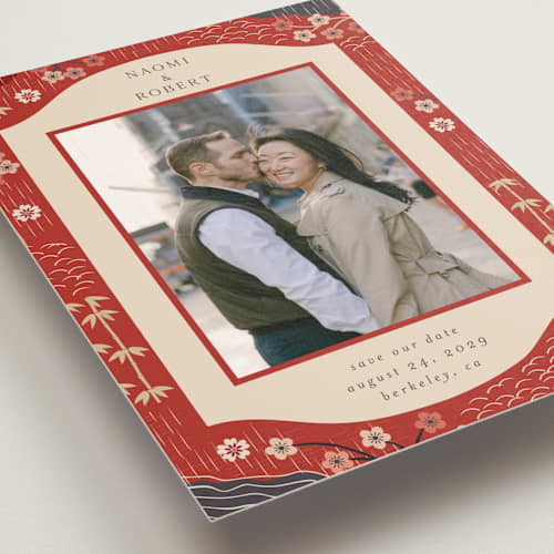 This is a rose save the date postcards with standard by Jennifer Holbrook called japanese textile printing on signature in postcard