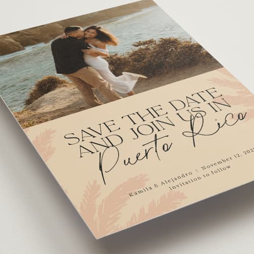 This is a sand save the date postcards with standard by Inkblot Design called destination dream printing on signature in postcard