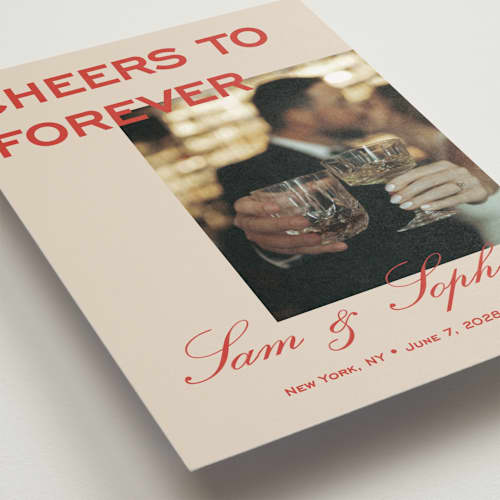 This is a tomato save the date postcards with standard by Sydney Kay called bold cheers printing on signature in postcard