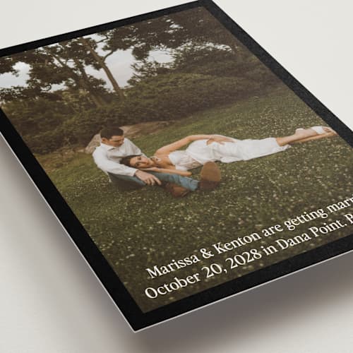 This is a coal save the date postcards with standard by Becky Nimoy called black border printing on signature in postcard