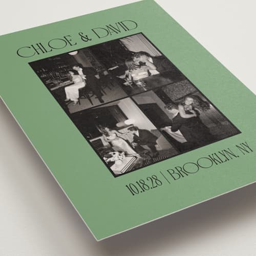 This is a jade save the date postcards with standard by Morgan Kendall called quad printing on signature in postcard