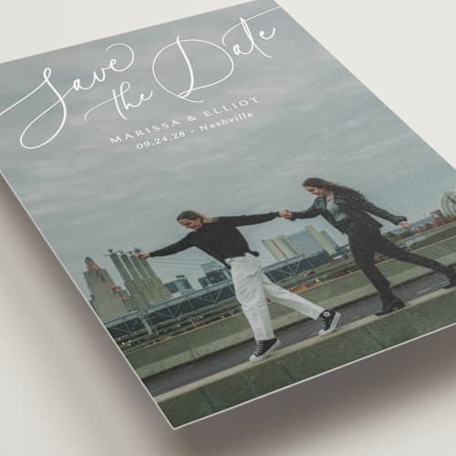 This is a pearl save the date postcards with standard by Kaydi Bishop called on the horizon printing on signature in postcard