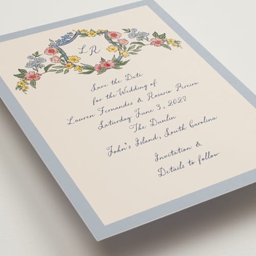 This is a cornflower save the date postcards with standard by Chris Griffith called a wedding in low country printing on signature in postcard