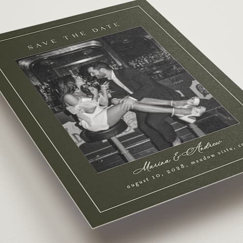 This is a olive save the date postcards with standard by Nicole Walsh called refined printing on signature in postcard