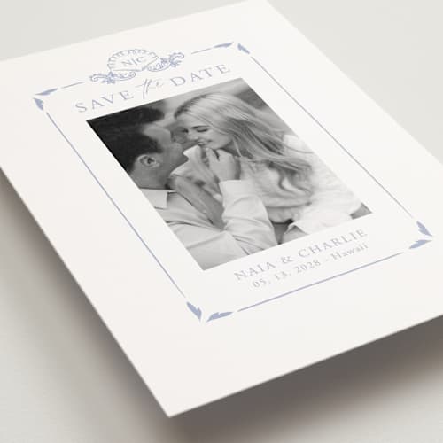 This is a pale cerulean save the date postcards with standard by Sabrin Deirani called ocean dreams printing on signature in postcard