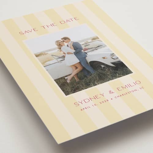 This is a lemon save the date postcards with standard by Ellen Schlegelmilch called palmetto printing on signature in postcard