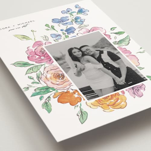 This is a vibrance press save the date postcards with standard by Itsy Belle Studio called floral pop printing on signature in postcard