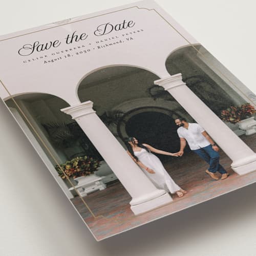 This is a golden save the date postcards with standard by Pink House Press called notched up printing on signature in postcard