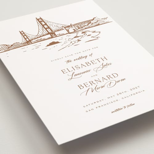 This is a champagne save the date postcards with standard by Sherley Ferreira called san francisco printing on signature in postcard