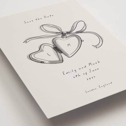 This is a ink wash save the date postcards with standard by Ani Somi called heart shaped locket printing on signature in postcard