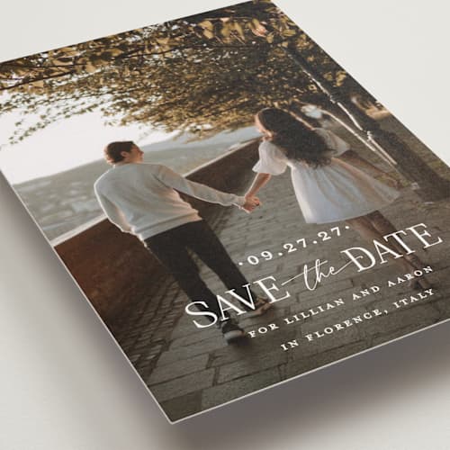 This is a powder save the date postcards with standard by Carolyn MacLaren called together forever printing on signature in postcard