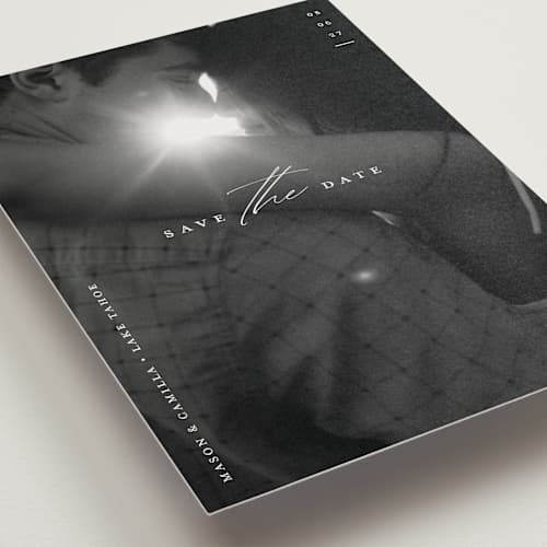 This is a pearl save the date postcards with standard by Christie Garcia called focal printing on signature in postcard