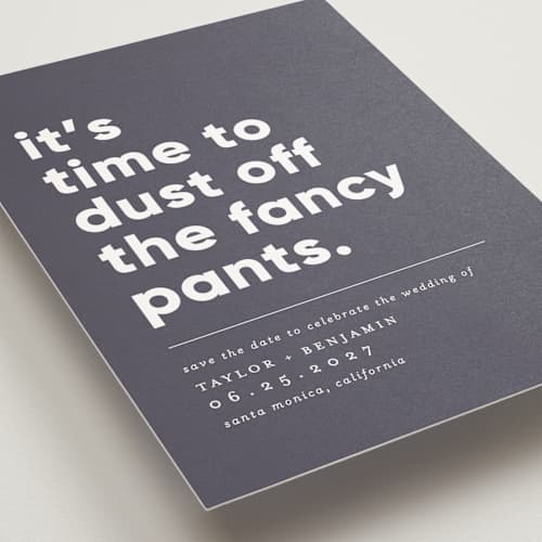 This is a river stone save the date postcards with standard by Erica Krystek called fancy pants printing on signature in postcard