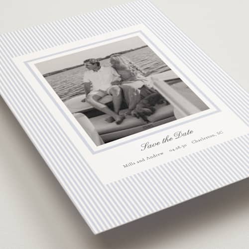 This is a sky save the date postcards with standard by Sara Hicks Malone called seersucker stripe printing on signature in postcard