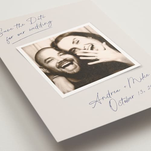 This is a mist save the date postcards with standard by Side Note Design called candid ink printing on signature in postcard