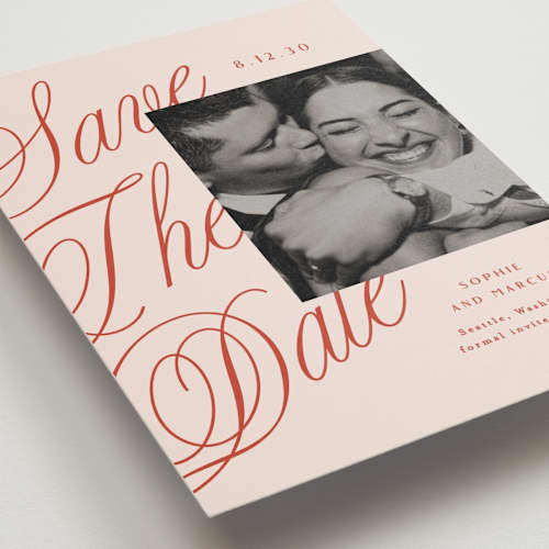This is a cherry save the date postcards with standard by Alethea and Ruth called script overlay printing on signature in postcard
