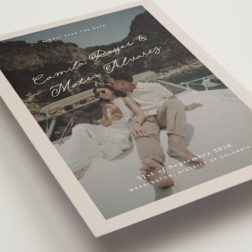 This is a yachting save the date postcards with standard by Design Lotus called where our story begins printing on signature in postcard