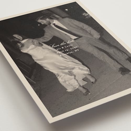 This is a cream save the date postcards with standard by Ellen Schlegelmilch called louie printing on signature in postcard