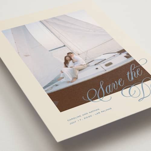 This is a capri save the date postcards with standard by Creo Study called classic contemporary printing on signature in postcard