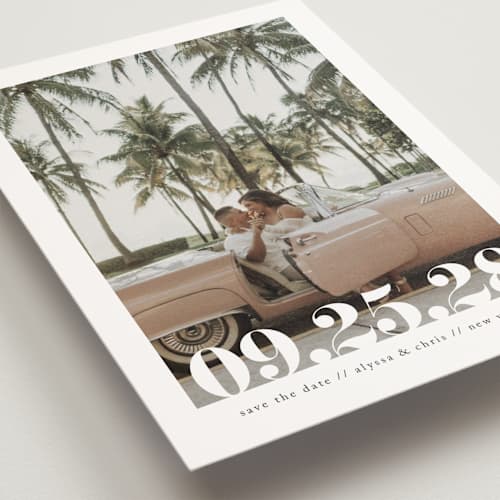 This is a linen save the date postcards with standard by Ashley Cuccio called malibu dreams printing on signature in postcard