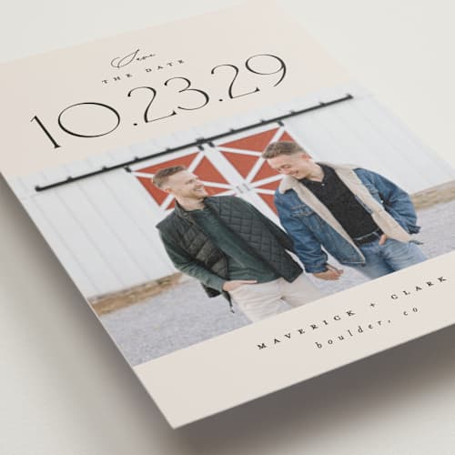 This is a ivory save the date postcards with standard by Carolyn Nicks called romancing the date printing on signature in postcard