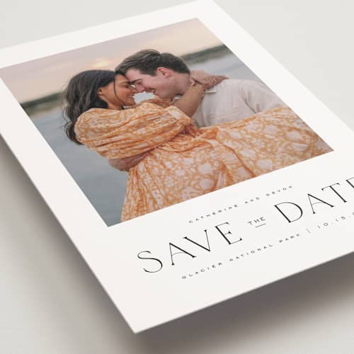 This is a ink save the date postcards with standard by Wildfield Paper Co called glacier printing on signature in postcard