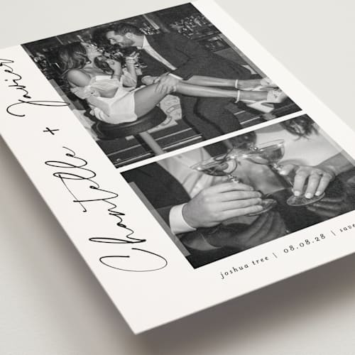 This is a onyx save the date postcards with standard by Sarah Curry called ink pen printing on signature in postcard