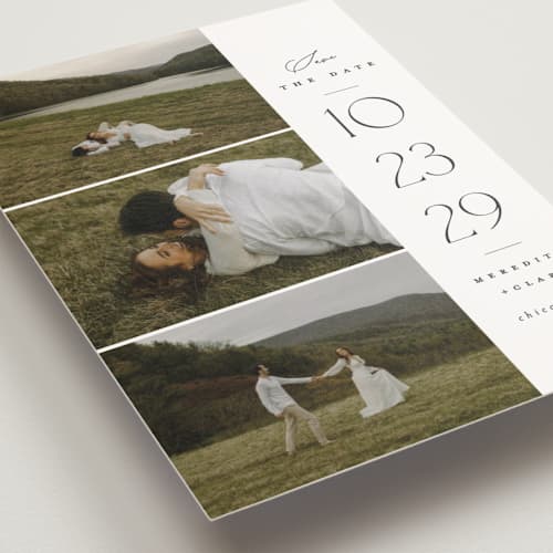 This is a cotton save the date postcards with standard by Carolyn Nicks called elegant trio printing on signature in postcard