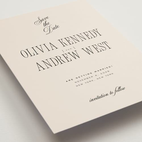 This is a almond save the date postcards with standard by Eric Clegg called modern romance printing on signature in postcard