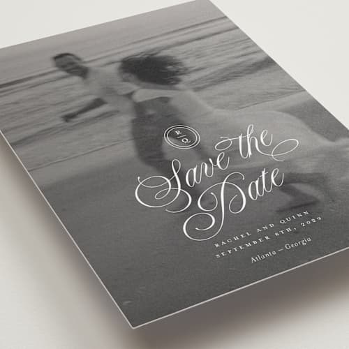 This is a ivory save the date postcards with standard by Paper Raven Co. called vintage romance printing on signature in postcard