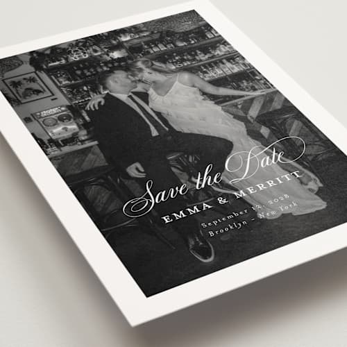This is a ivory save the date postcards with standard by Benita Crandall called the classic printing on signature in postcard
