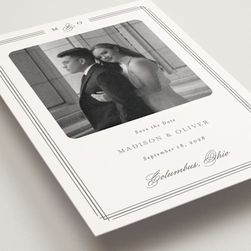 This is a cobblestone save the date postcards with standard by Emily Betts called lines printing on signature in postcard