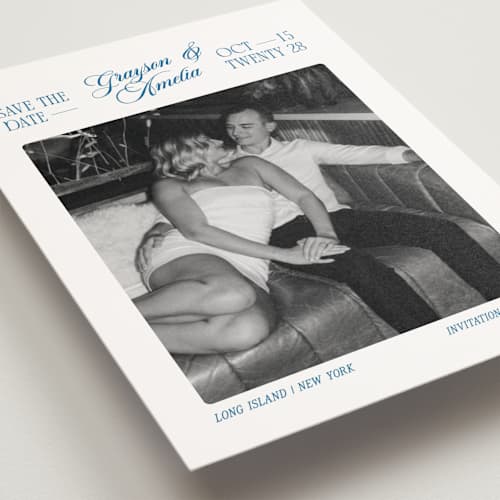 This is a lake save the date postcards with standard by Robert and Stella called opening titles printing on signature in postcard