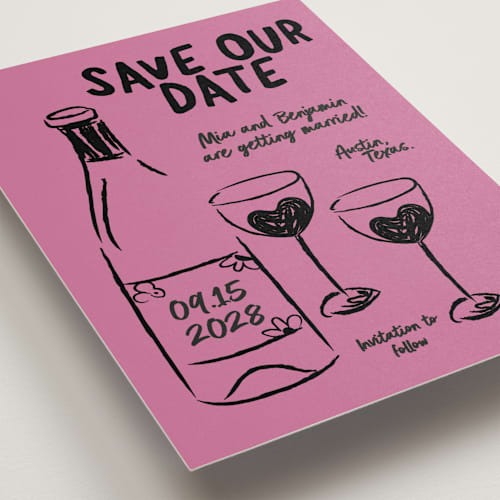 This is a pretty in pink save the date postcards with standard by Helena Vitto called heart of glass printing on signature in postcard