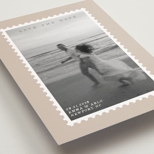 This is a taupe save the date postcards with standard by Studio Suku called stamp printing on signature in postcard