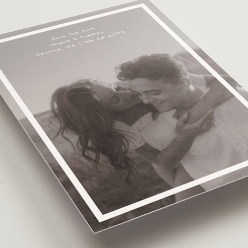 This is a quartz save the date postcards with standard by Jenny Millington called boxed in printing on signature in postcard