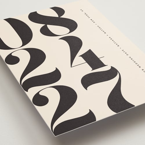 This is a ecru save the date postcards with standard by Erica Krystek called mod stack printing on signature in postcard