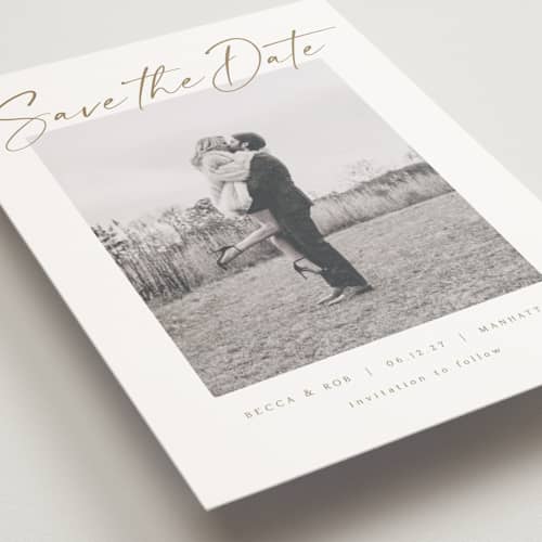 This is a ivory save the date postcards with standard by AK Graphics called flash dance printing on signature in postcard