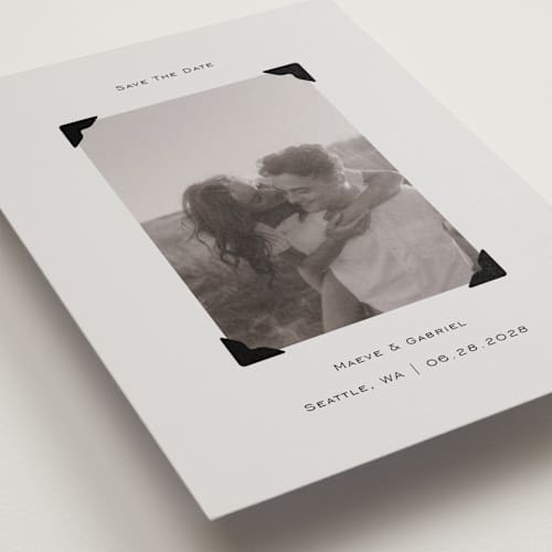 This is a cream save the date postcards with standard by Jenny Millington called scrapbook frame printing on signature in postcard