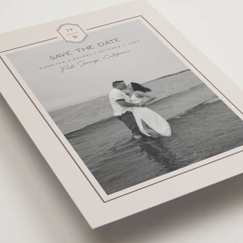 This is a dove save the date postcards with standard by Rachelle Clarke called modern monogram printing on signature in postcard