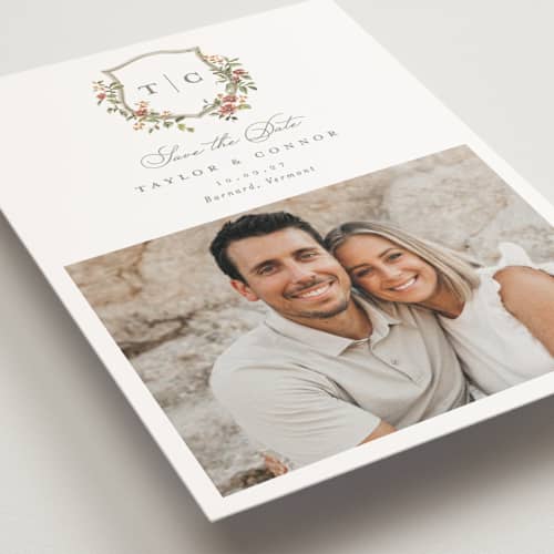 This is a mulberry save the date postcards with standard by Everett Paper Goods called foliage crest printing on signature in postcard