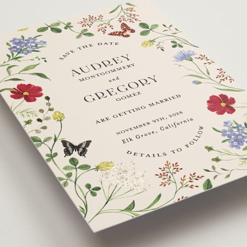 This is a elder flower save the date postcards with standard by Sarah Knight called wild meadow printing on signature in postcard