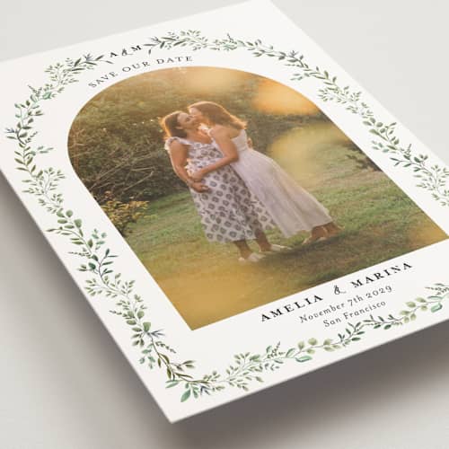 This is a mojito save the date postcards with standard by Susan Moyal called monogramed arch printing on signature in postcard
